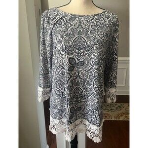 Charter Club Paisley Print Lace Trimmed Tunic Top Navy/White Sz XL